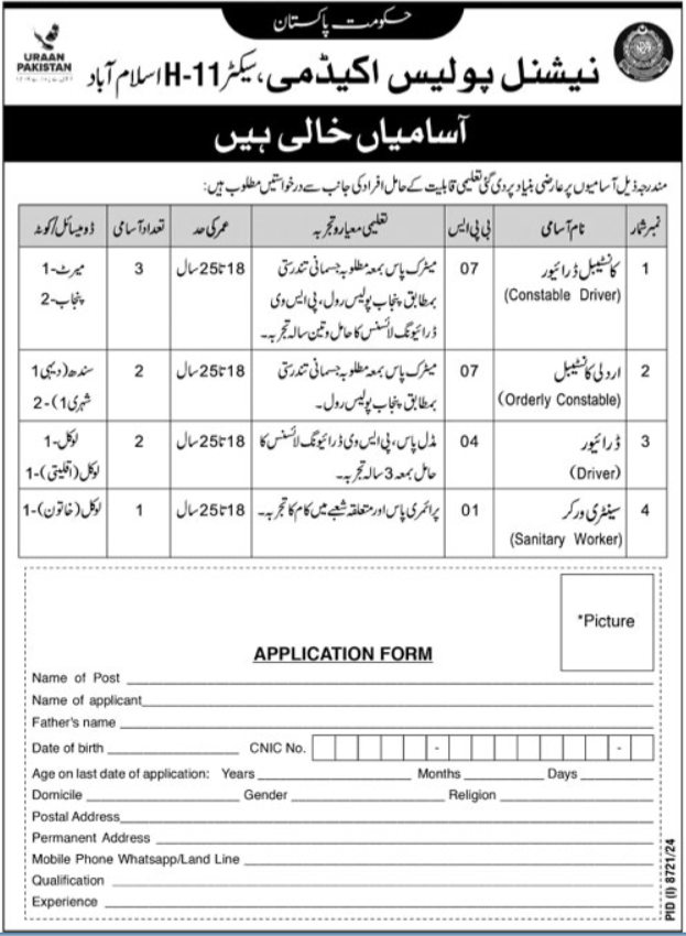 National Police Academy Islamabad Jobs Announcement 2025